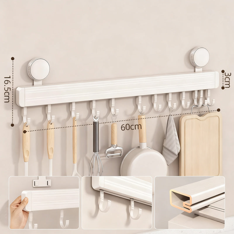 Suction cup kitchen hook rail made of aluminum