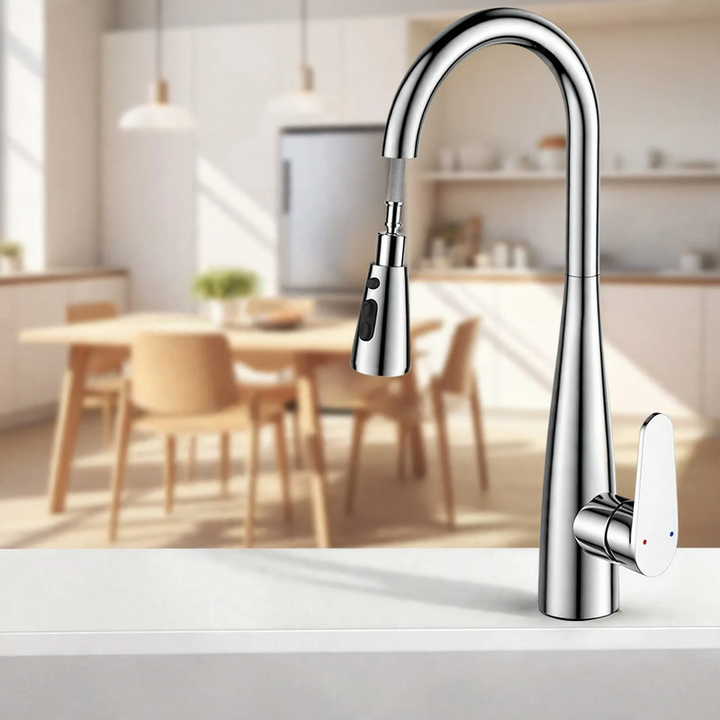 Kitchen faucet with retractable spout, cold and hot water