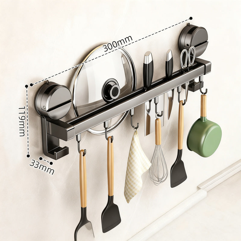 Kitchen hanging rod with hooks for utensils