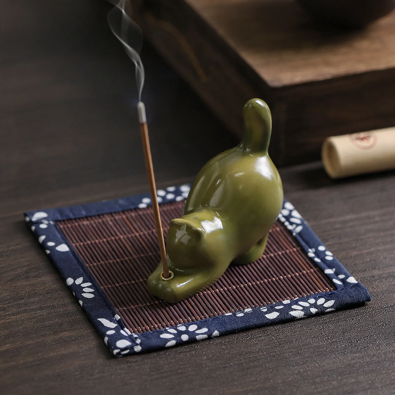 Cat incense stick holder with wooden bases