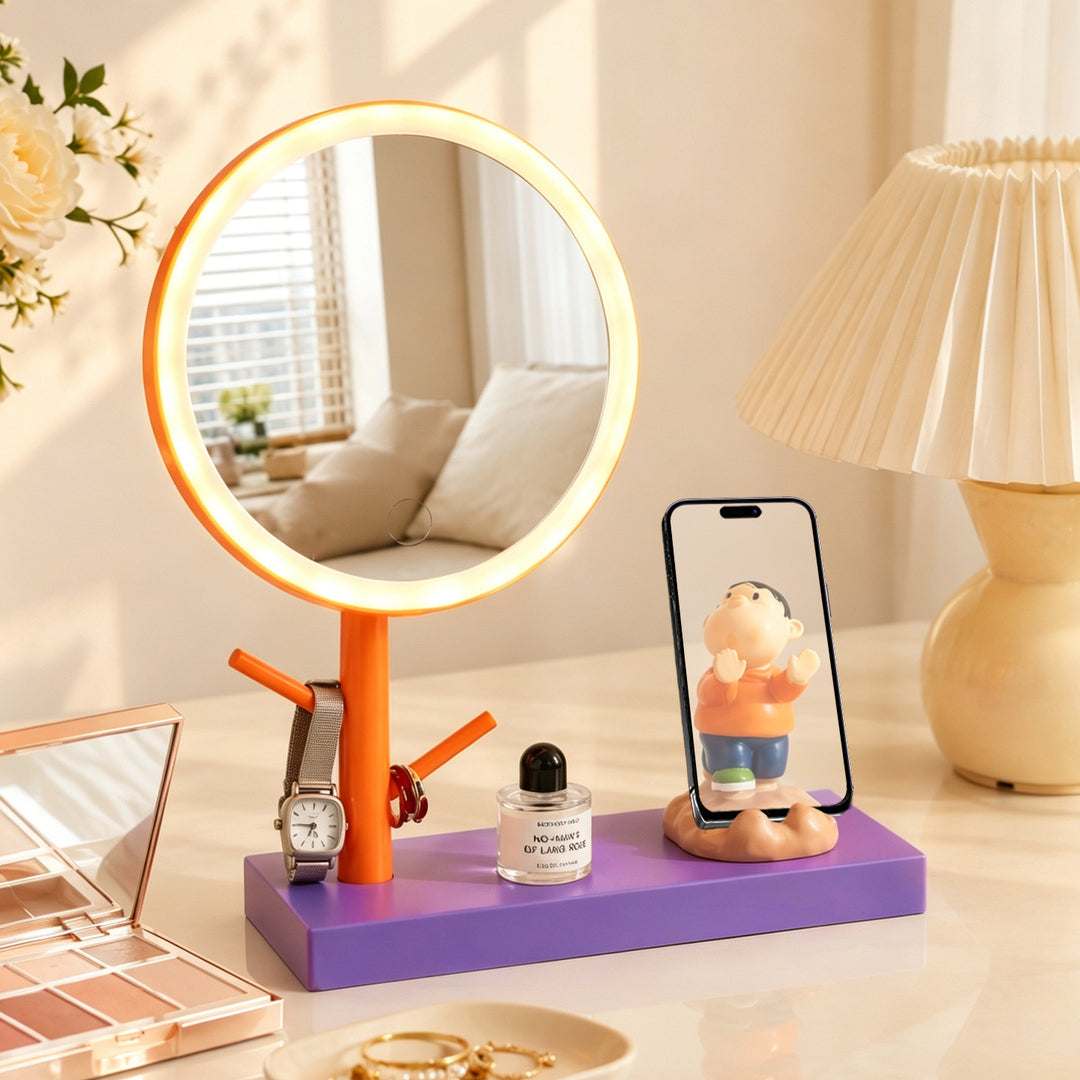 LED makeup mirror with stand and phone holder