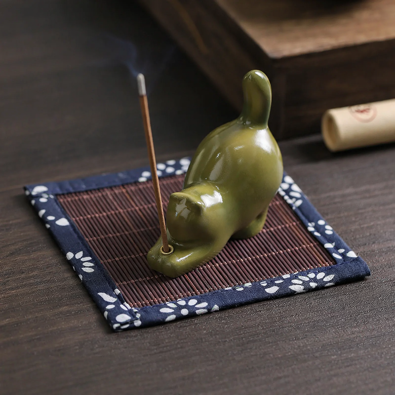 Cat incense stick holder with wooden bases
