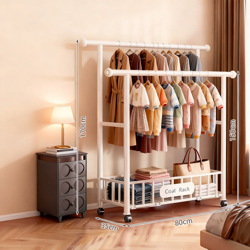 Double rod laundry rack, mobile, with net compartment