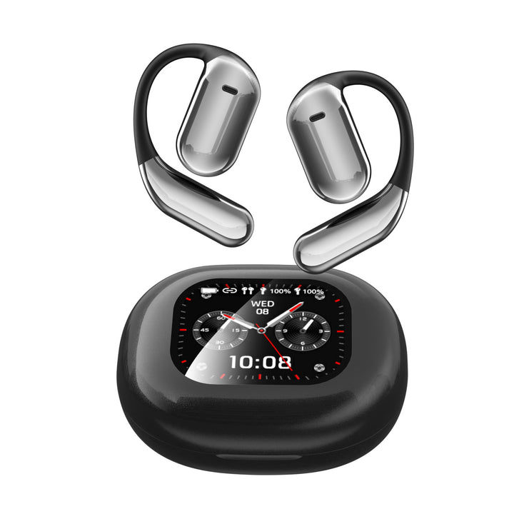 Bluetooth earbuds, open, color touchscreen