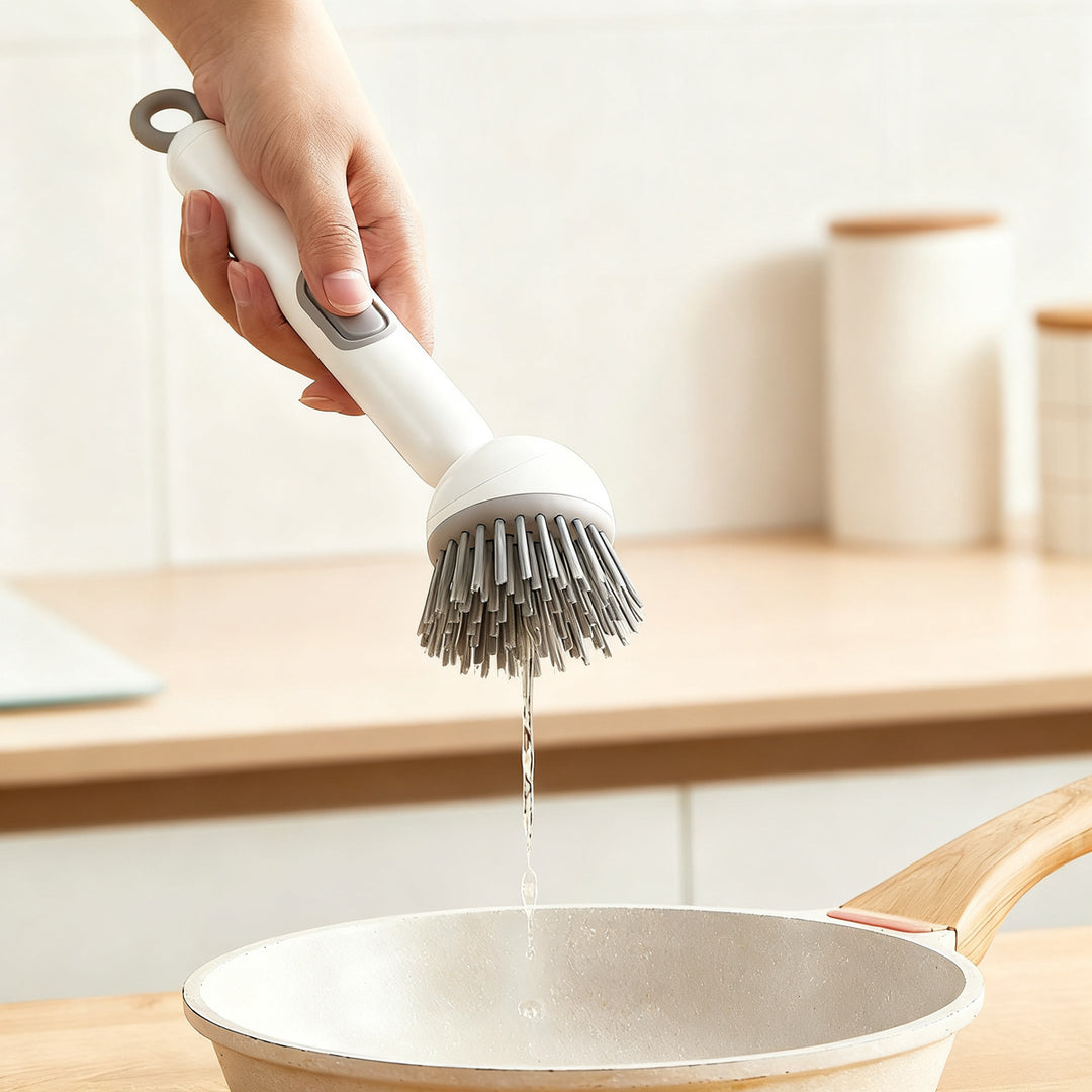 Pot brush with long handle and liquid dispenser