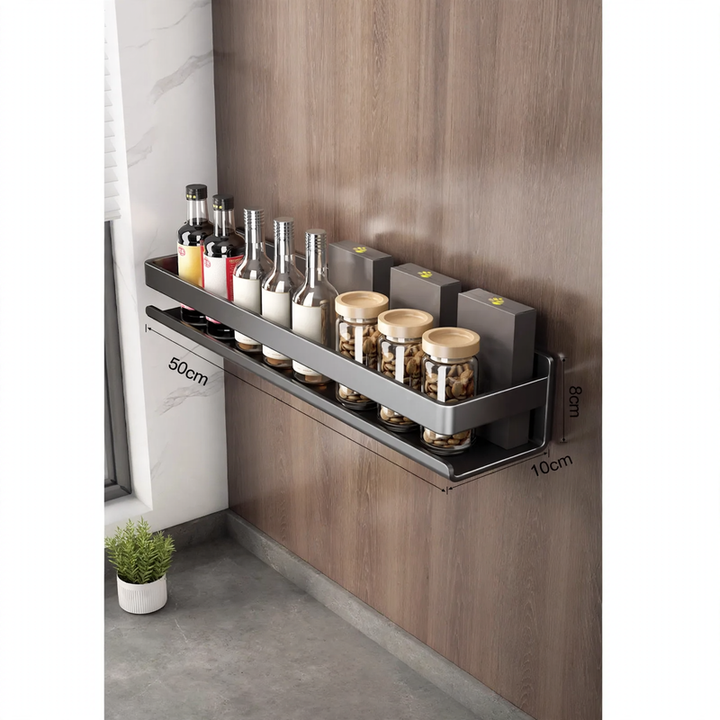 Wall-mounted kitchen shelf made of steel, no drilling