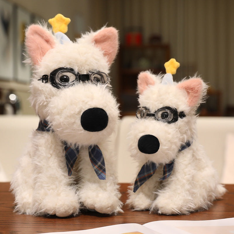 Plush dog doll with scarf, various sizes