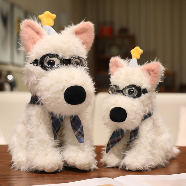 Plush dog doll with scarf, various sizes