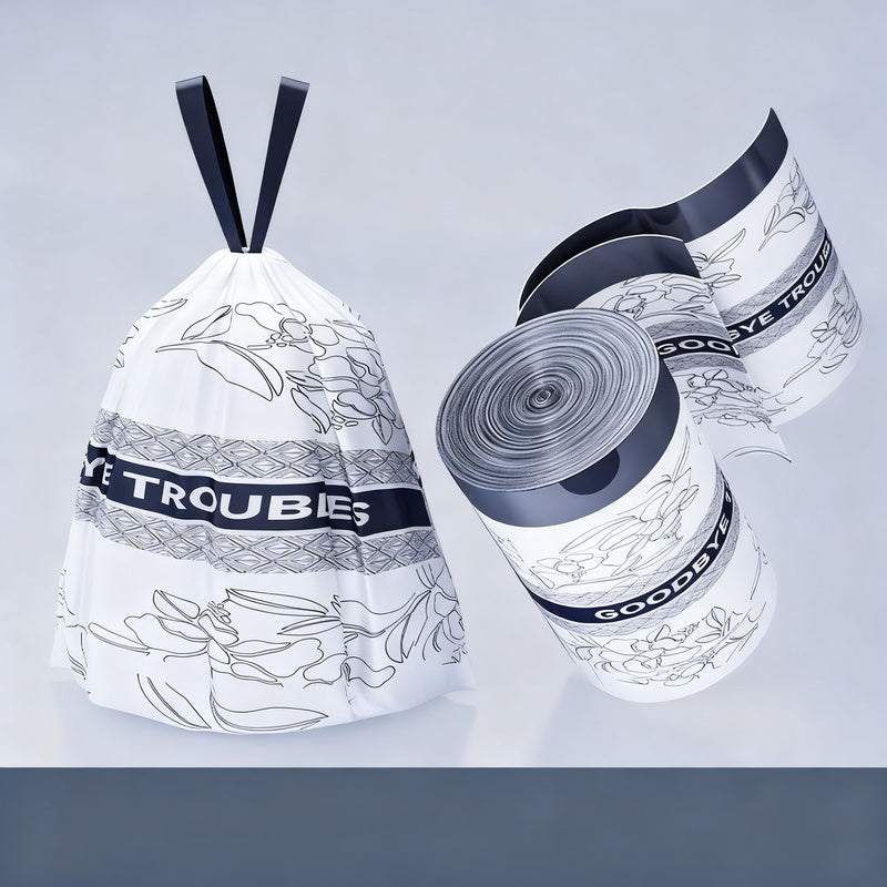 Trash bags with drawstring and handles