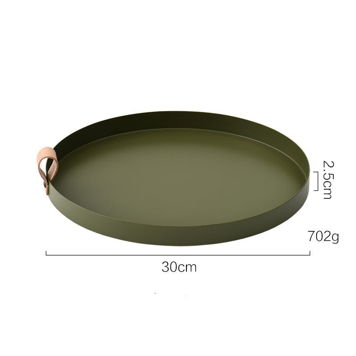 Stornfield | Nordic Style Wrought Iron Round Tray with Leather Handle Color Storage Plate Water Glass Plate Home Decoration
