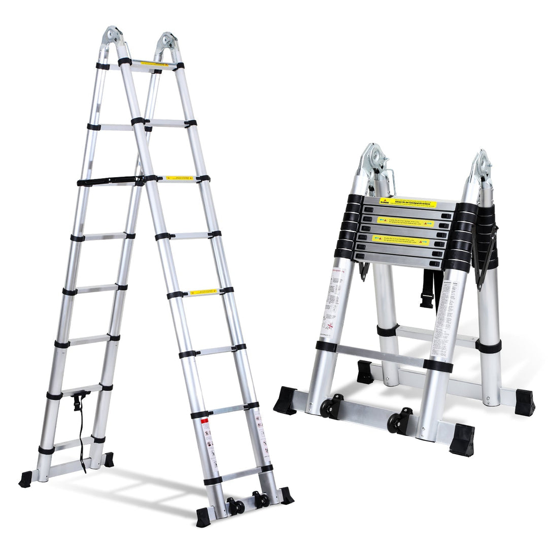 5M Aluminum Telescopic Ladder Folding Ladder with Wheels and Triangle Stabilizer | Stornfield