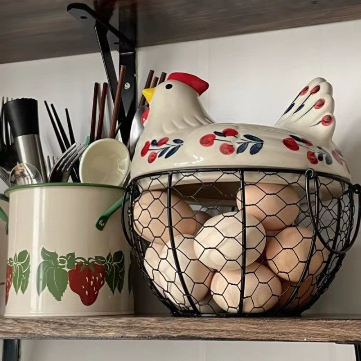 Stornfield | Ceramic Egg Holder Chicken with Wire Basket