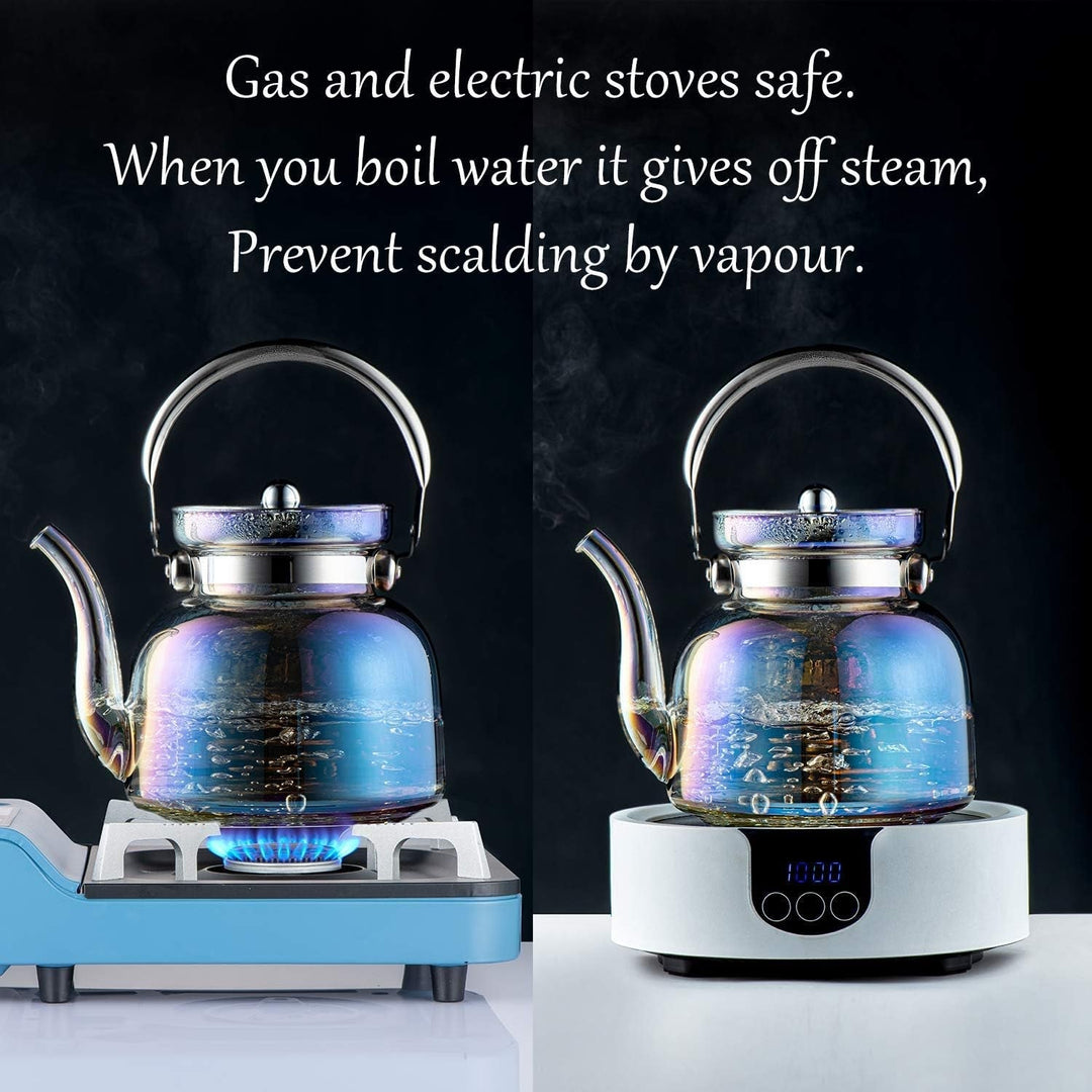 Stornfield | 50 Oz(1500ml) Glass Teapot with Lid, Removable Stainless Steel Tea Infuser and Handle, Stove Top Safe Teapot for Blooming and Loose Leaf Tea (Iridescent)