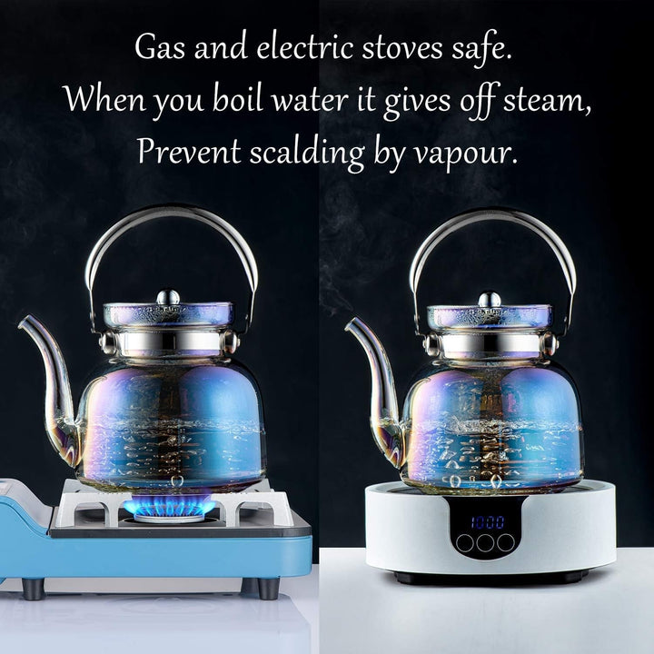 Stornfield | 50 Oz(1500ml) Glass Teapot with Lid, Removable Stainless Steel Tea Infuser and Handle, Stove Top Safe Teapot for Blooming and Loose Leaf Tea (Iridescent)