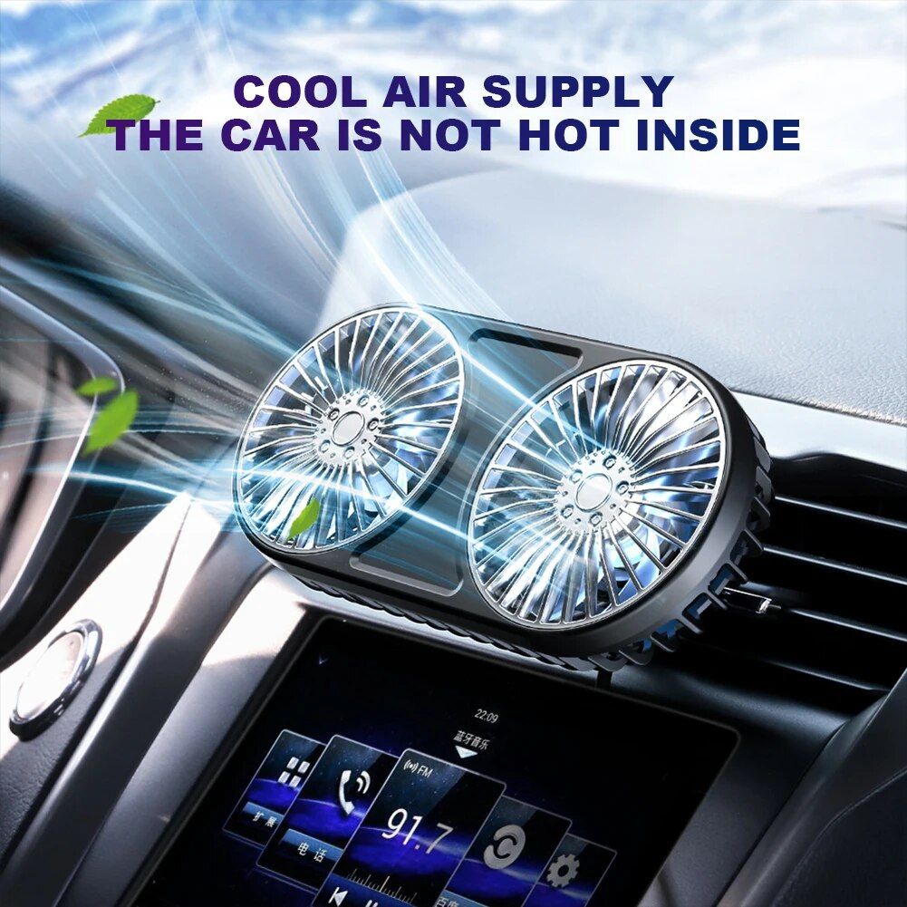 360° Rotating Dual-Head USB Car Fan with Ambient Lighting | Stornfield