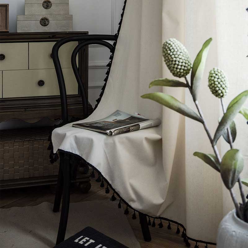 Cotton Linen Beige Curtain with Black Tassel | Stornfield