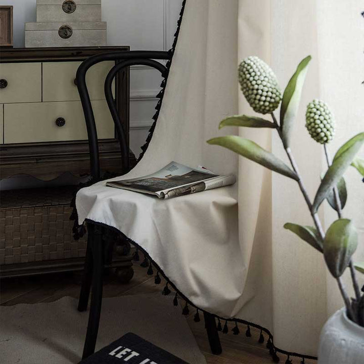 Cotton Linen Beige Curtain with Black Tassel | Stornfield