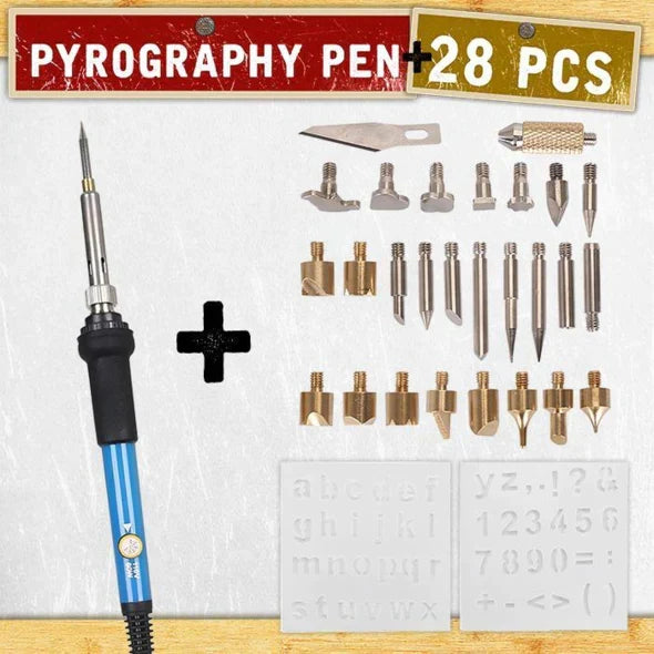 Pyrography Set – Soldering iron with 28 soldering tips & stencils