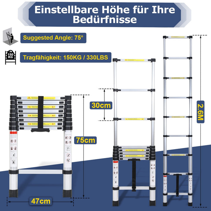 Telescopic Ladder Aluminum Load capacity up to 150kg 2.6m-5m | Stornfield