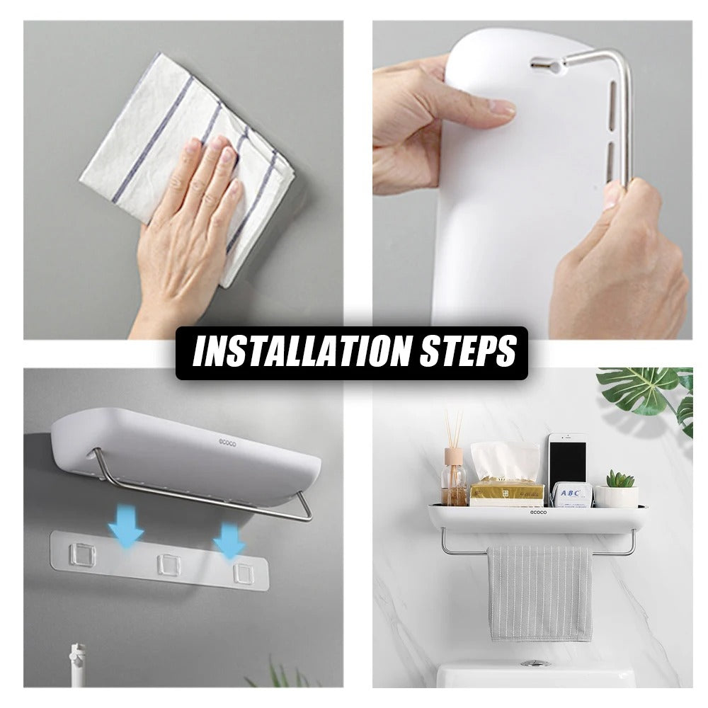 Wall-mounted shower shelf without drilling – With towel holder & drainage holes | Stornfield