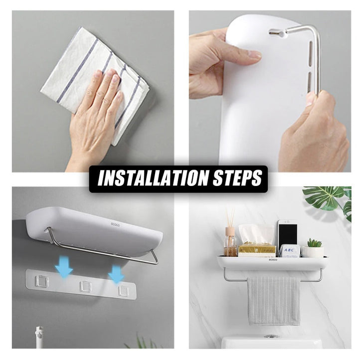 Wall-mounted shower shelf without drilling – With towel holder & drainage holes | Stornfield