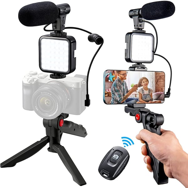 Stornfield | Ensemble de microphone vidéo professionnel avec trépied et lumière vidéo LED