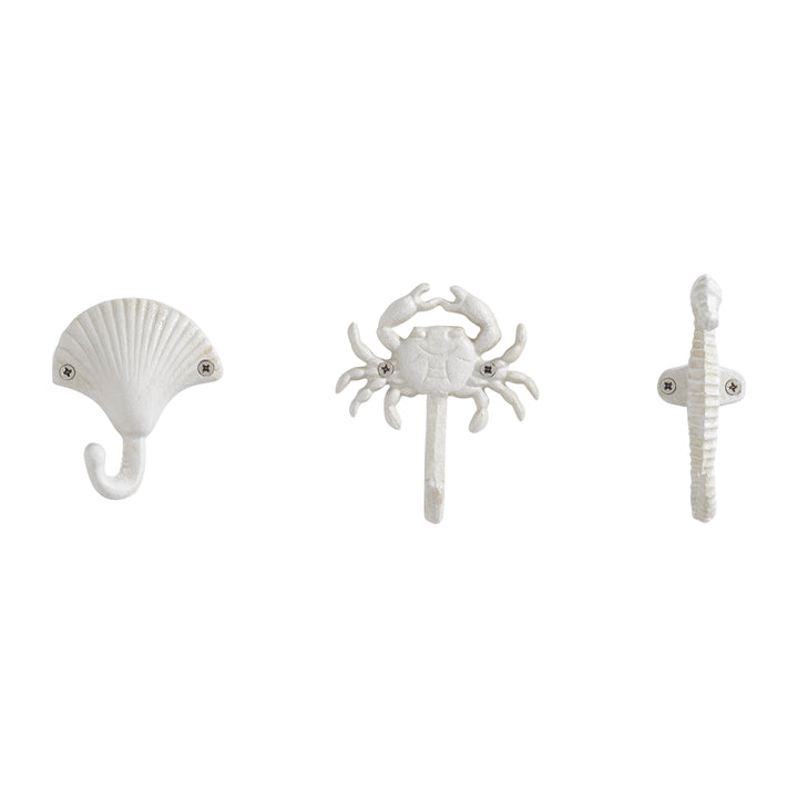 Stornfield | Nautical White Cast Iron Decorative Sculpture Ocean Figure Utility Wall Hook Set of 3 - Seashell, Crab, Seahorse