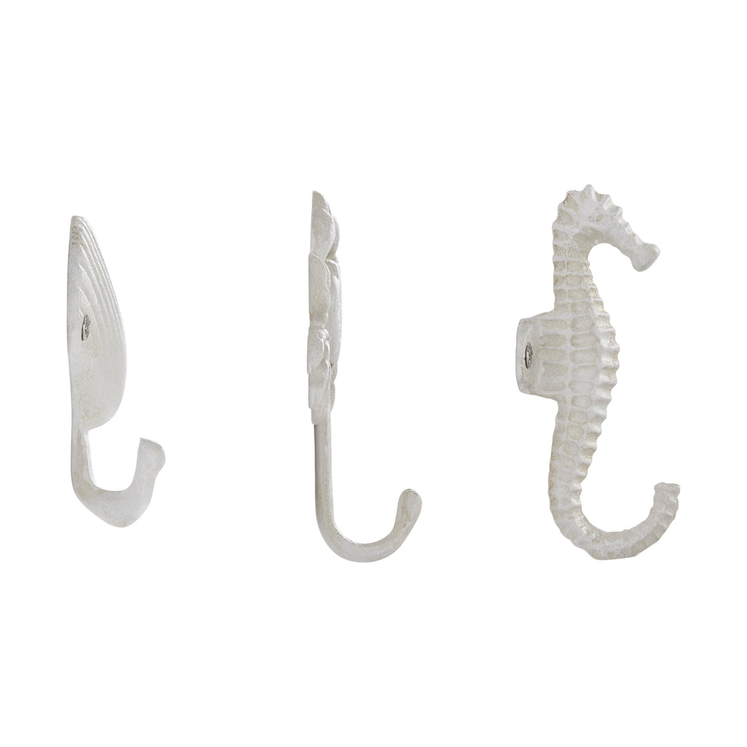Stornfield | Nautical White Cast Iron Decorative Sculpture Ocean Figure Utility Wall Hook Set of 3 - Seashell, Crab, Seahorse