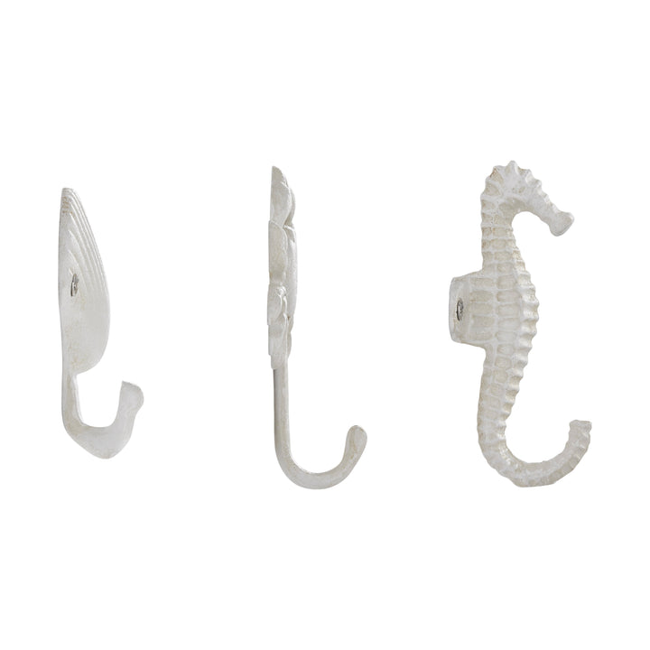 Stornfield | Nautical White Cast Iron Decorative Sculpture Ocean Figure Utility Wall Hook Set of 3 - Seashell, Crab, Seahorse