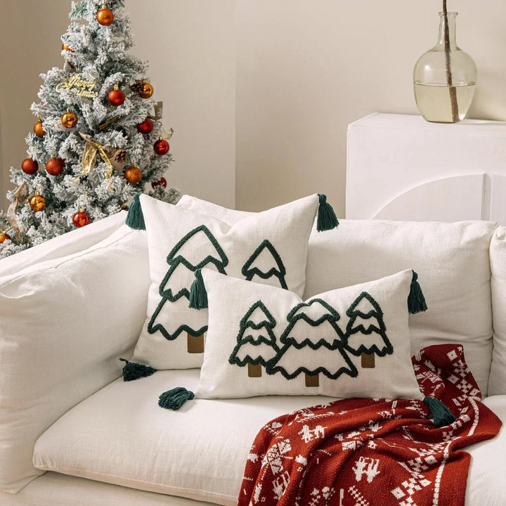 Embroidered Christmas Tree Cushion Cover in Cotton Canvas | Stornfield