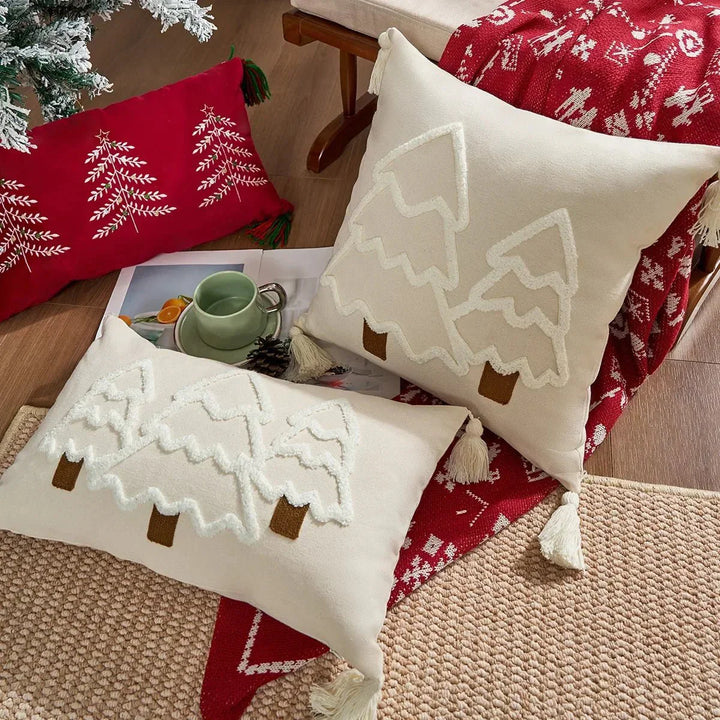 Embroidered Christmas Tree Cushion Cover in Cotton Canvas | Stornfield