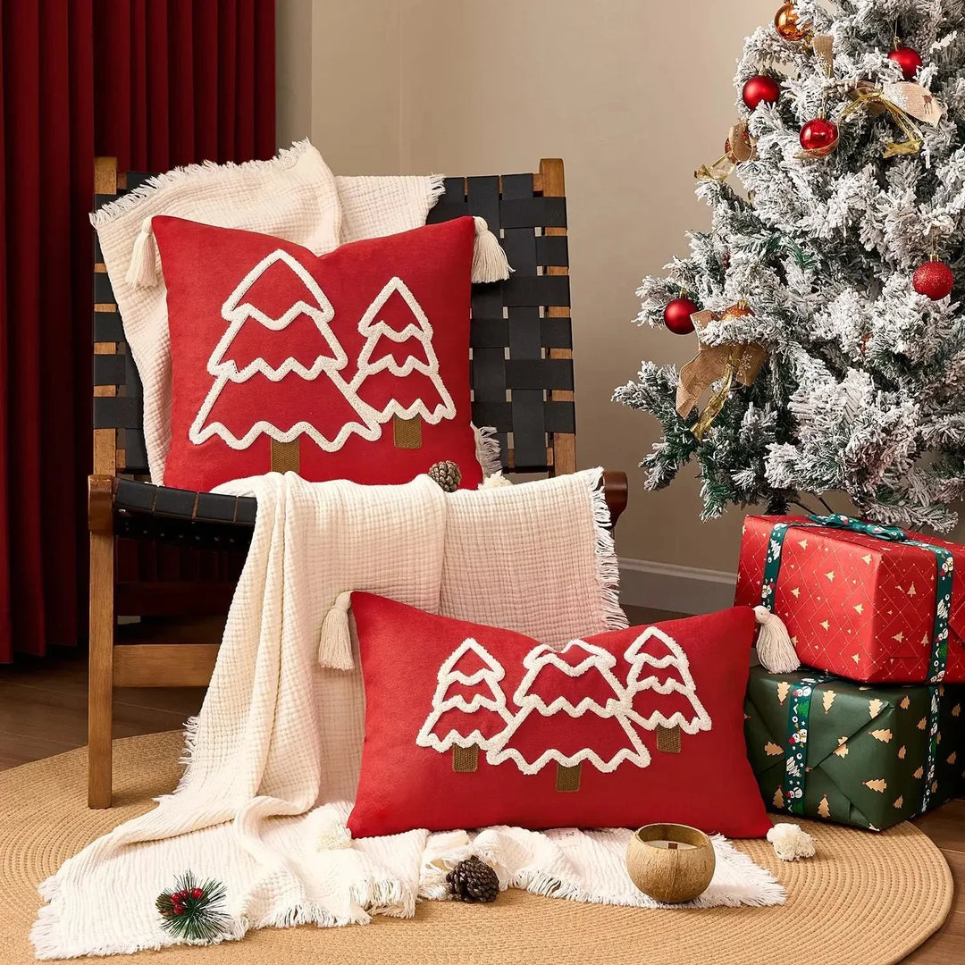 Embroidered Christmas Tree Cushion Cover in Cotton Canvas | Stornfield
