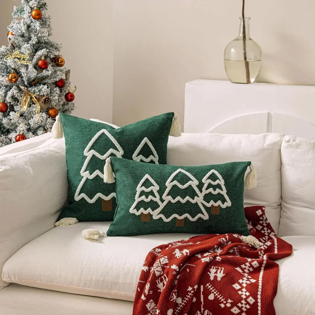 Embroidered Christmas Tree Cushion Cover in Cotton Canvas | Stornfield