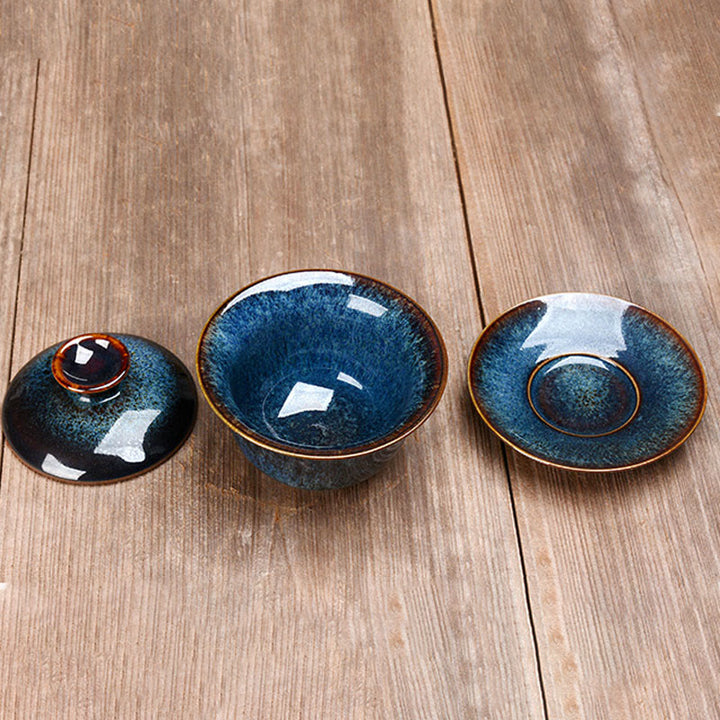 Stornfield | Vintage Sancai Ceramic Teacup with Lid and Saucer