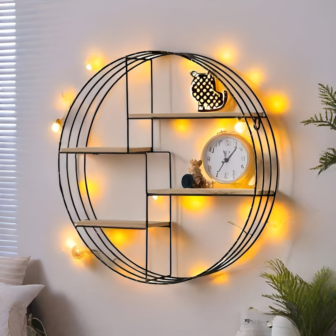 Round Wall Shelf with 4 Levels – Retro Design made of Wood & Metal | Decorative Hanging Shelf for Living Room, Bathroom & Bedroom | Stornfield