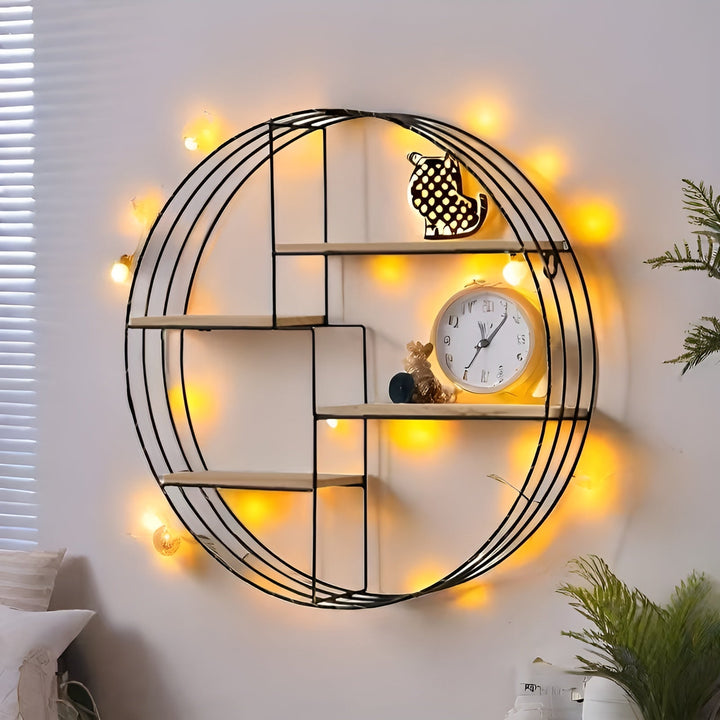 Round Wall Shelf with 4 Levels – Retro Design made of Wood & Metal | Decorative Hanging Shelf for Living Room, Bathroom & Bedroom | Stornfield