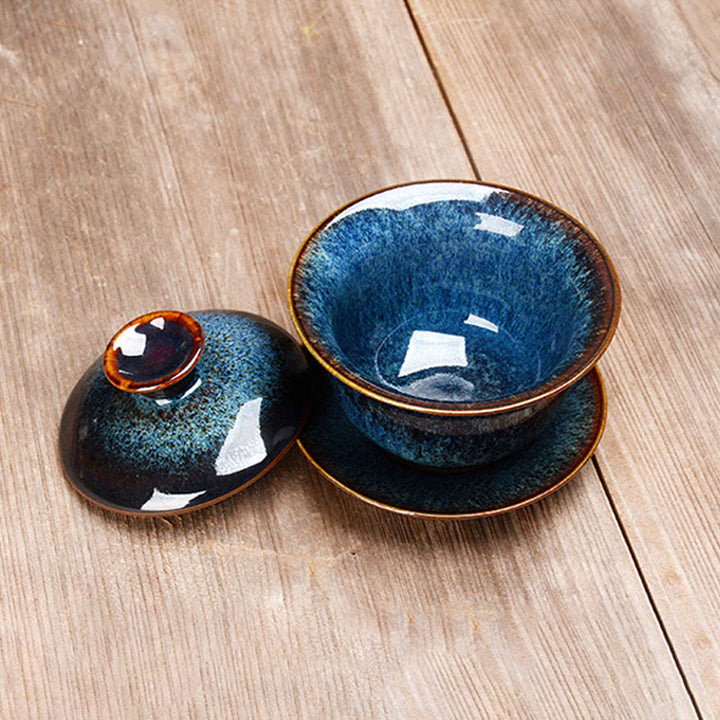Stornfield | Vintage Sancai Ceramic Teacup with Lid and Saucer