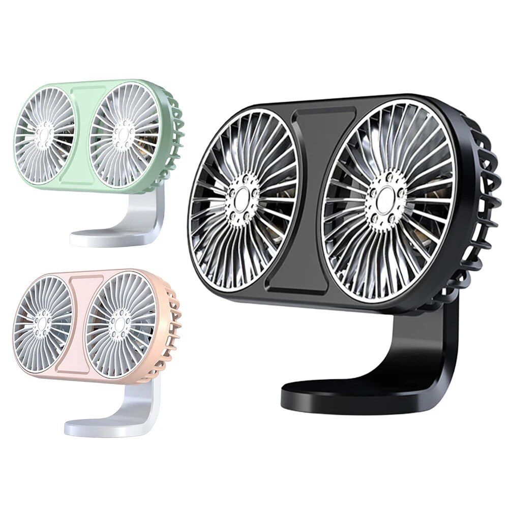 360° Rotating Dual-Head USB Car Fan with Ambient Lighting | Stornfield
