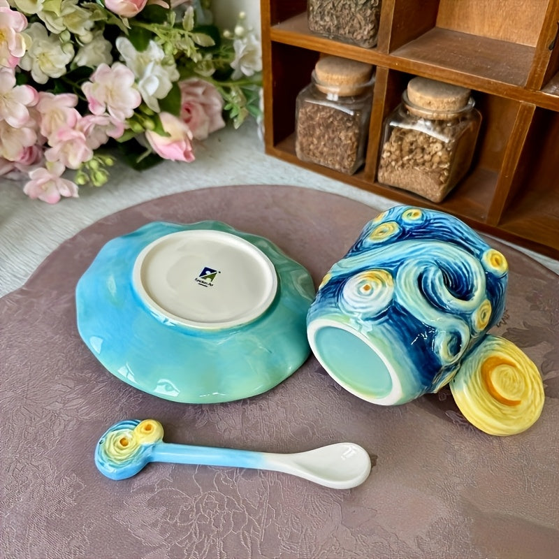 ArtSip Ceramic Mug & Saucer Set – Hand-painted 3D Design inspired by Van Gogh | Stornfield