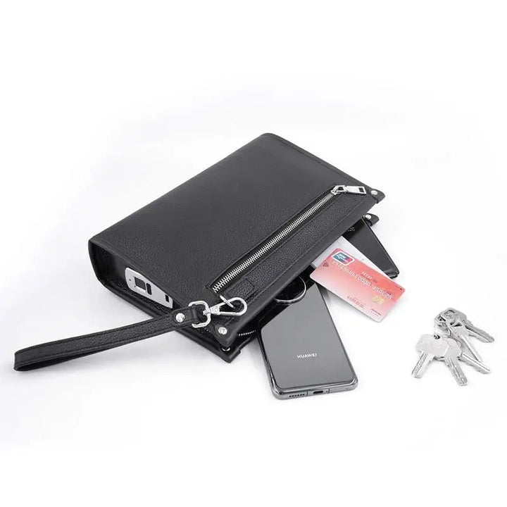 Men's Genuine Leather Business Clutch with Fingerprint Lock – Black | Stornfield
