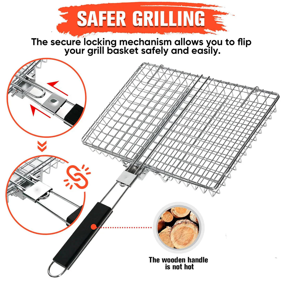 Folding Grill Basket with Wooden Handle Outdoor Camping BBQ Rack | Stornfield