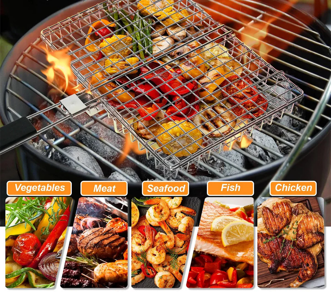 Folding Grill Basket with Wooden Handle Outdoor Camping BBQ Rack | Stornfield