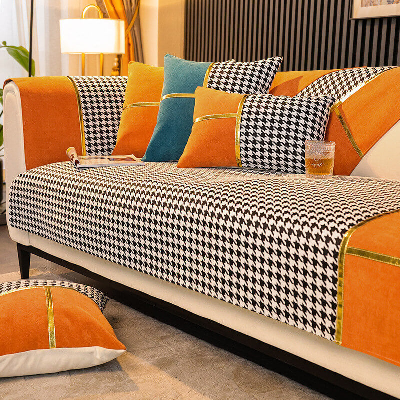 Classic Houndstooth Print Chenille Non-slip Sofa Cover | Stornfield