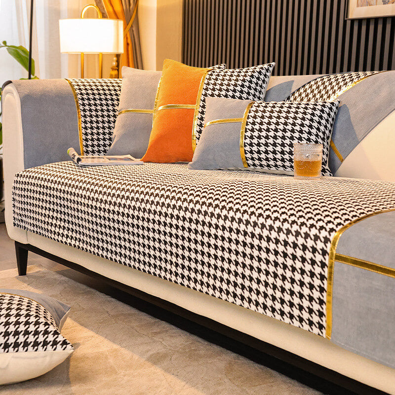 Classic Houndstooth Print Chenille Non-slip Sofa Cover | Stornfield