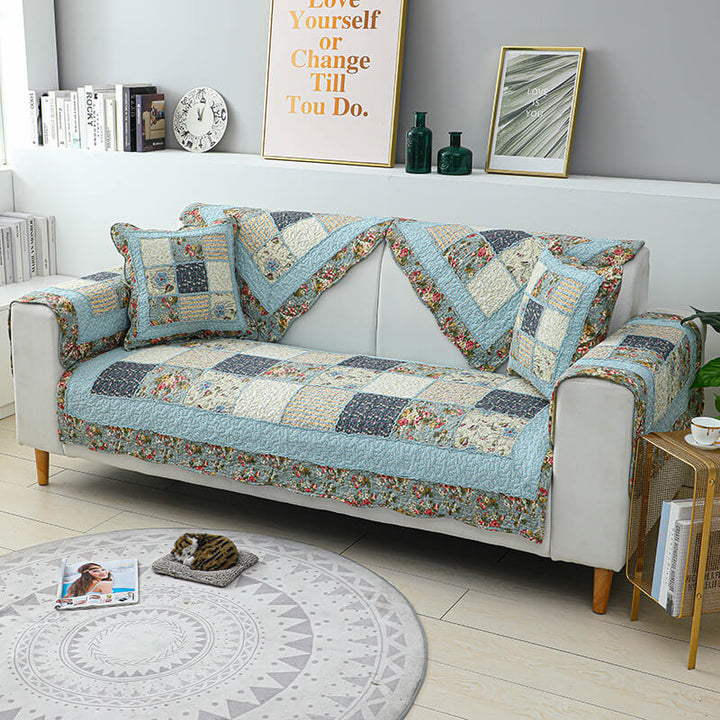 Vintage Flower Plaid Cotton Couch Cover - Soft Eco-Friendly Design | Stornfield