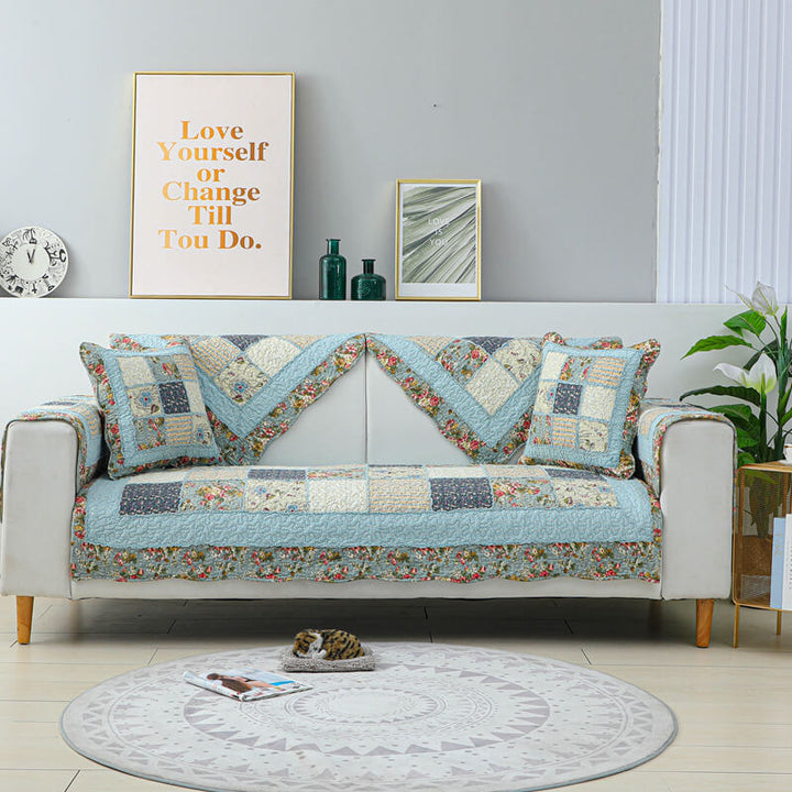 Vintage Flower Plaid Cotton Couch Cover - Soft Eco-Friendly Design | Stornfield