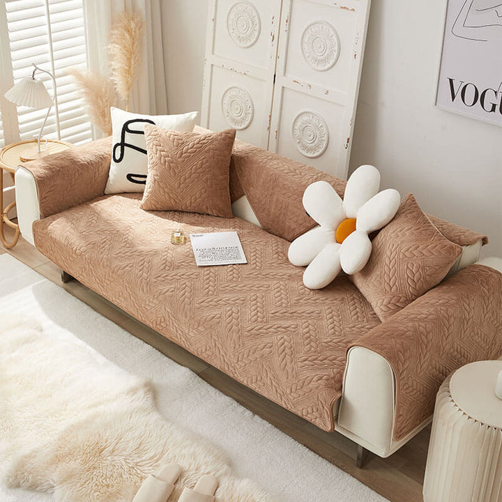 Warm Crystal Velvet Wheat Embroidery Non-Slip Couch Cover | Stornfield
