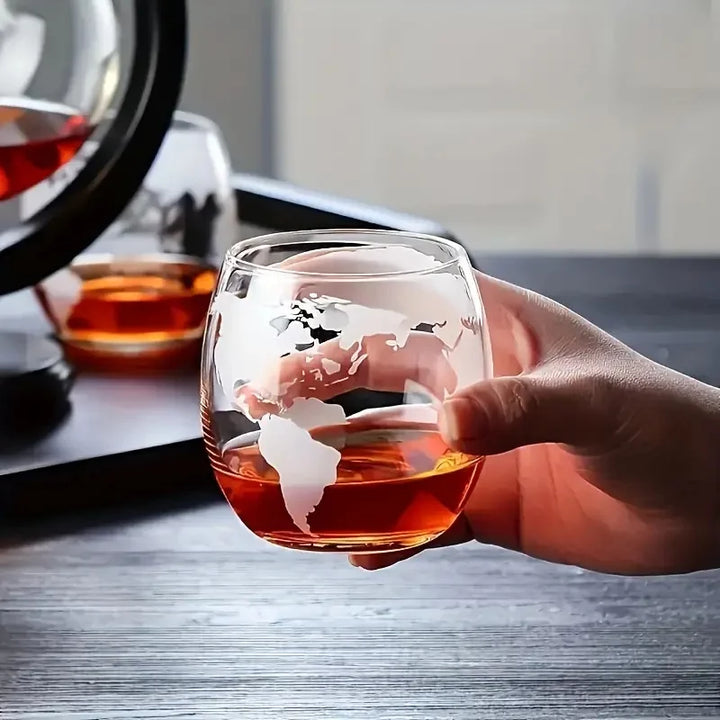 Glass Whiskey Decanter Set with Wooden Stand Etched World Ball Design | Stornfield