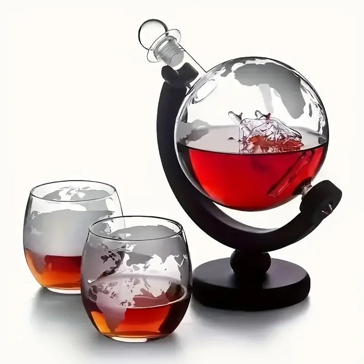 Glass Whiskey Decanter Set with Wooden Stand Etched World Ball Design | Stornfield