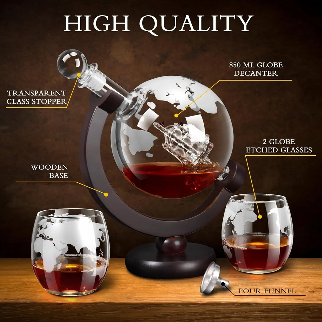 Glass Whiskey Decanter Set with Wooden Stand Etched World Ball Design | Stornfield